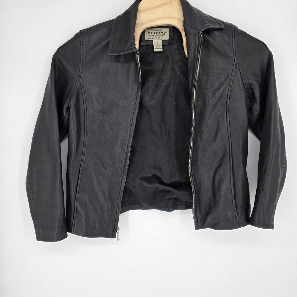 Vintage Sonoma Leather Jacket Men M Black Lambskin 90s Y2K Moto Bomber Coat Soft